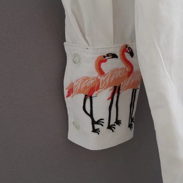 H.sa forår kvinder hvide lange bluser langærmet afslappet flamingo broderi skjorter kvinder top og bluser roupa feminina