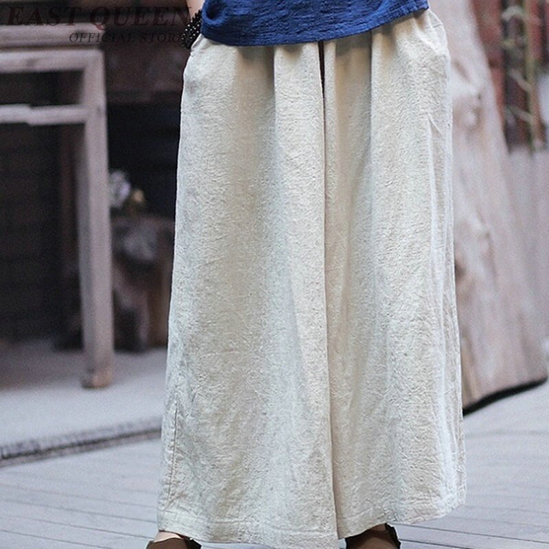 Culotte Palazzo en lin de style chinois pour femme, pantalon à jambes larges, ample, baggy, , FF1268