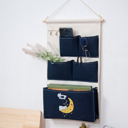 Canvas Storage Hanging Bag Wall Hanging Door Dormitory Hanging Bag 5 Pocket Space Sundries Hanging Organizer: Dark Blue