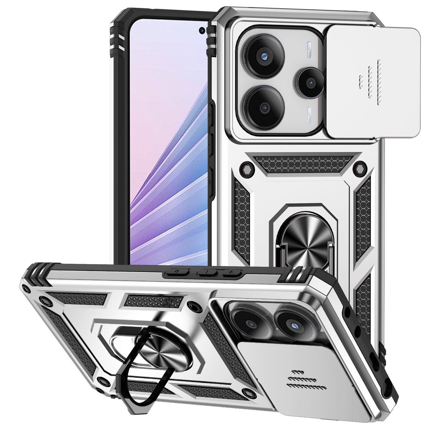 For Redmi Note 14 13 5G 4G Poco X7 Pro Note 13 Pro 5G 4G Case Ring Stand Slide Camera Lens Armor Funda for Xiaomi 14T Pro Cover: Neoprene / Silver