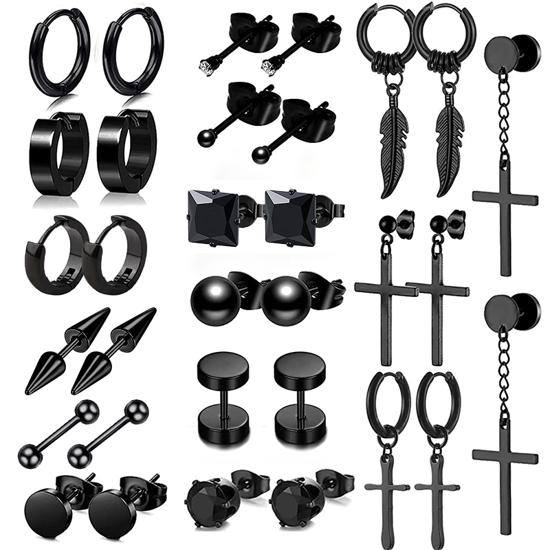 Pendientes de aro Punk negros de acero inoxidable para hombres y mujeres, pequeños colgantes de Cruz redonda de , accesorios de joyería, pendientes