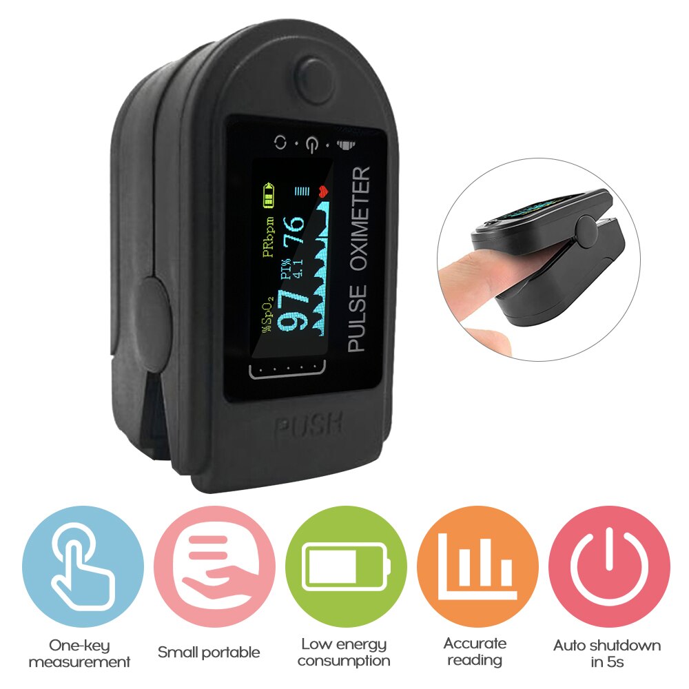 Fastende fingerklips oksymetri pulsmåler mini spo 2 Observere fingertupp puls blodtrykk oksymeter uten batteri: Svart