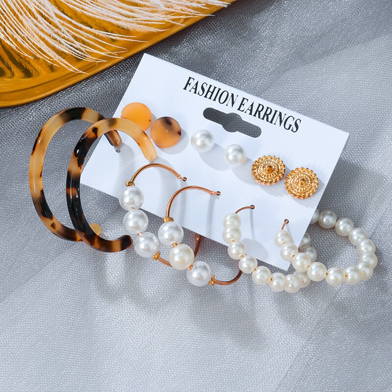Statement Korean Acrylic Earrings Set Summer Geometric Pearl Tassel Acetate Earrings for Women Vintage Jewelry: Cold 228