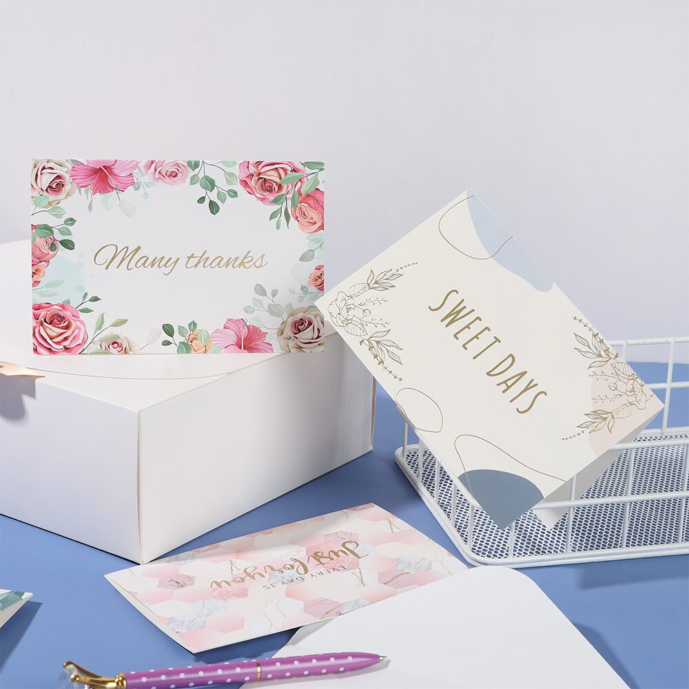 Cartes de remerciement en feuille d'or, lot de 4/6 cartes d'invitation à motifs floraux avec enveloppes, autocollants vierges, cartes postales pliantes