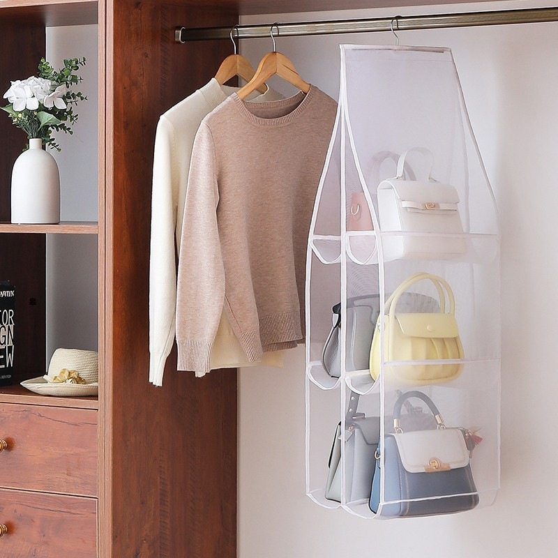 Handtaschenaufbewahrung, hängende Aufbewahrungstasche für Kleiderschrank, Schrank, Tür, Wand, transparent, staubdicht, mehrschichtig, faltbare Tasche, Organizer mit Aufhänger: Lila