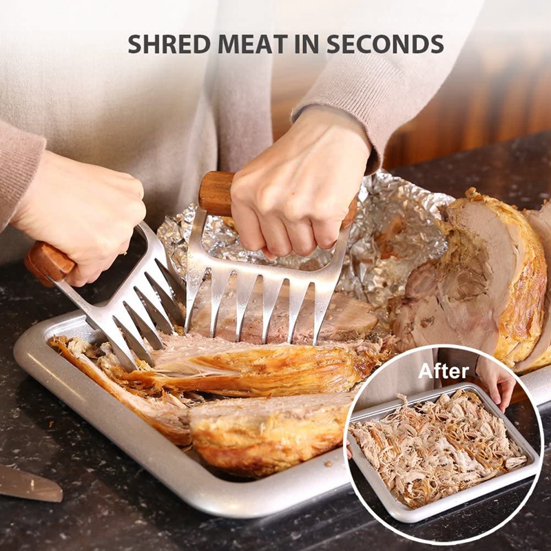 Metal Meat Claw, 1 Pair 18/8 Stainless Steel Meat Fork with Wooden Handle, Minced Meat Claw, (2 Pieces)