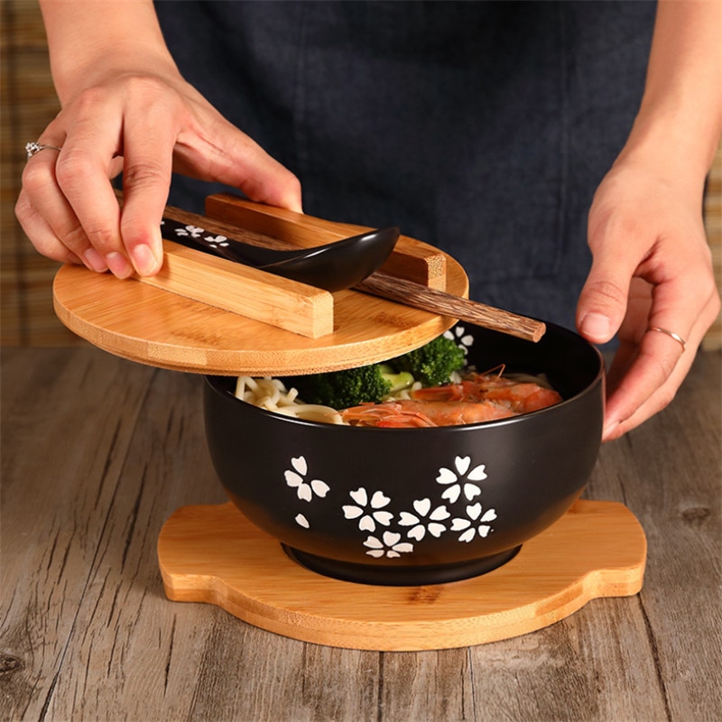 Japansk stil risnudelskål med lågske og spisepinde køkkenudstyr keramisk salat suppeskål madbeholder porcelæn