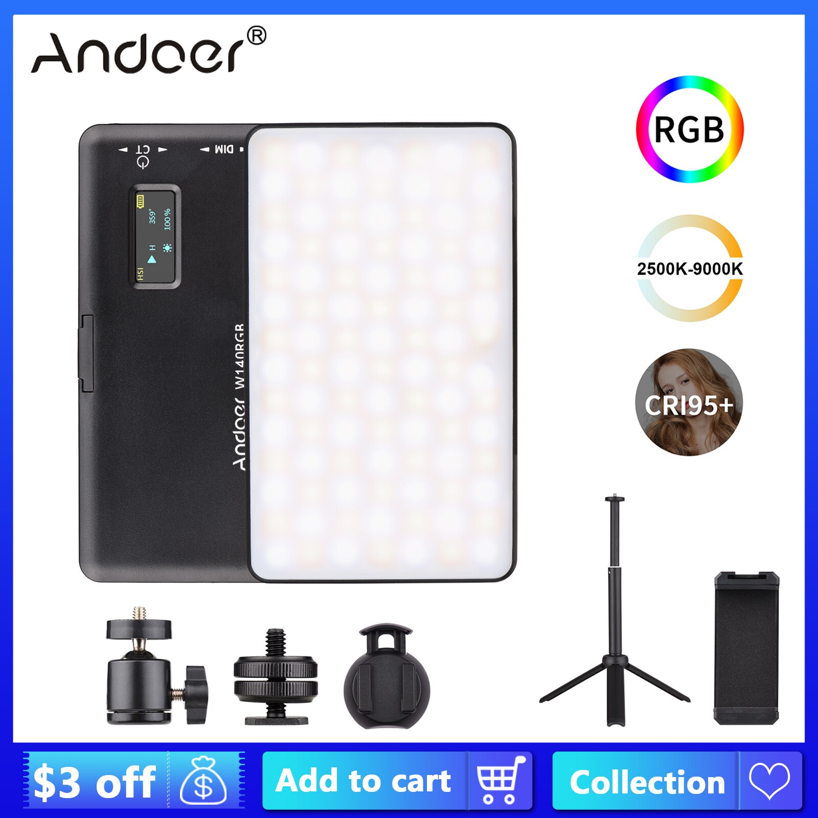 CZ Andoer W140 RGB LED Video Licht Tasche Video CRI95 + 2500K-9000K Schreibtisch Stativ Kugelkopf Telefon Halfter Kalten Schuh für Vlog