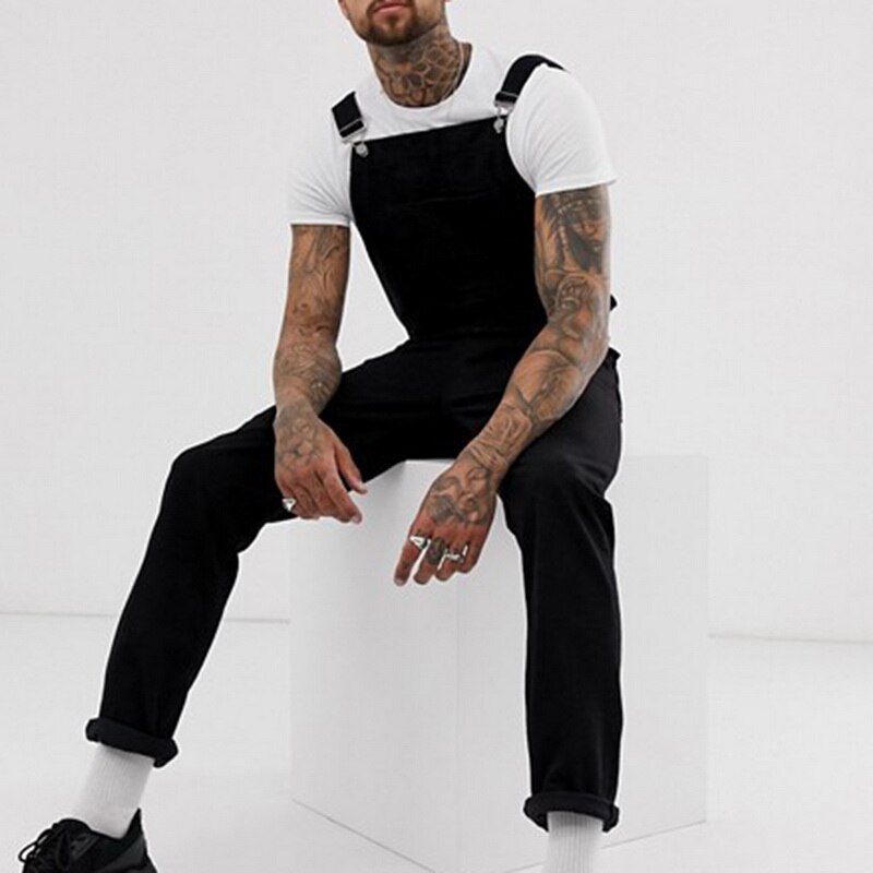 Jeans jumpsuit för herr svart jeans lång overall casual märkesbyxor herr hip hop streetwear jeans hängselbyxor