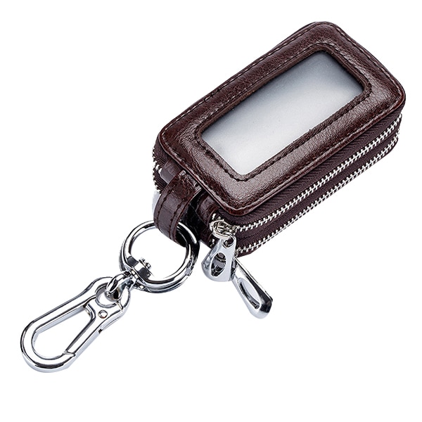 Leren autosleutelhoesje met dubbele rits, mini portemonnee voor mannen en vrouwen, sleutelhanger, transparant, donkerbruin