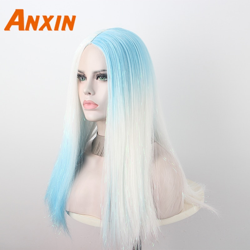 Anxin couleur bleu et blanc cheveux longs raides cheveux bouclés dégradé couleur fraîche perruque en fibres synthétiques haute température soie vie perruque