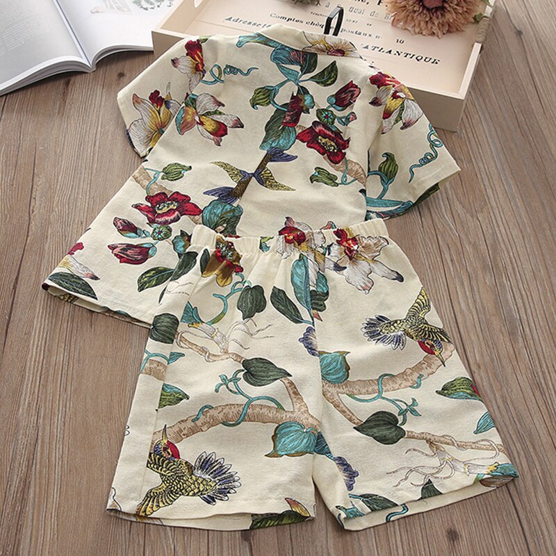 Zomer kinderpyjama's katoen en linnen retro jongens en meisjes pyjamaset japanse stijl bedrukte huiskleding