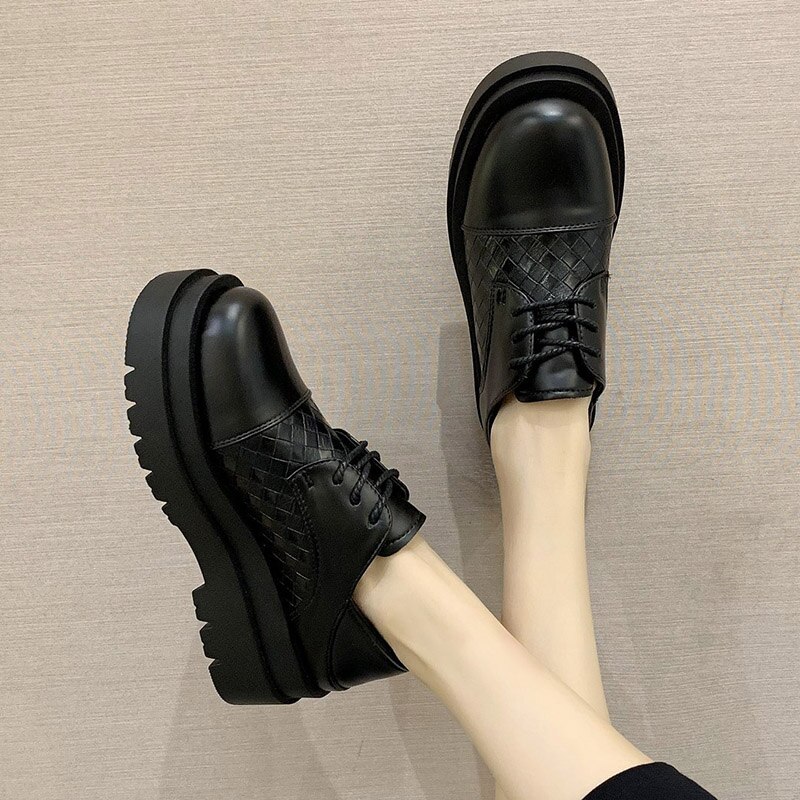 Höst kvinnor platå läderskor svart snörning oxford skor tjock sula kilar dam skor zapatos mujer spring 8765n
