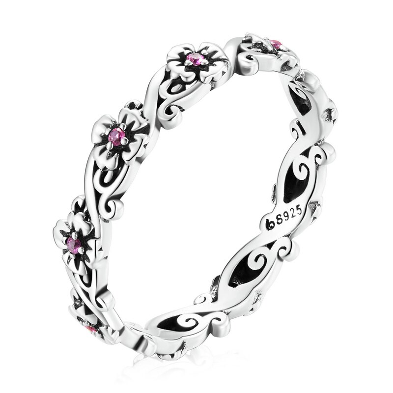 WOSTU 925 Sterling Sliver rozmiar Vintage wytłaczany wzór Rose Red Flower cyrkon pierścienie dla kobiet kobieta oryginalna biżuteria CTR235: 7 / CTR235
