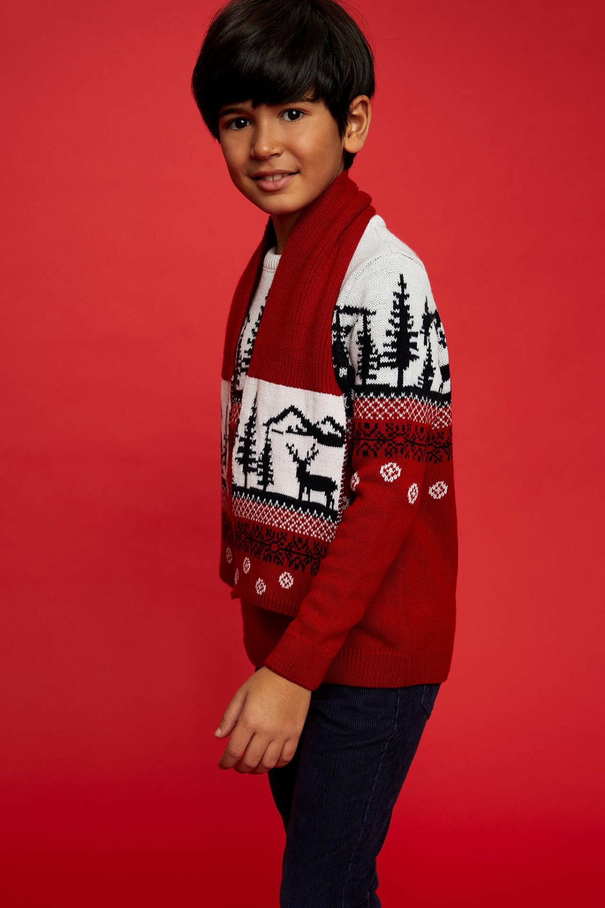 Defacto Jongen Winter Xmas Gebreide Rode Truien Jongens Toevallige Lange Mouw Trui Tops Kids Kerst Herten Print Pullover-L8432A619CW: 3 4 Age
