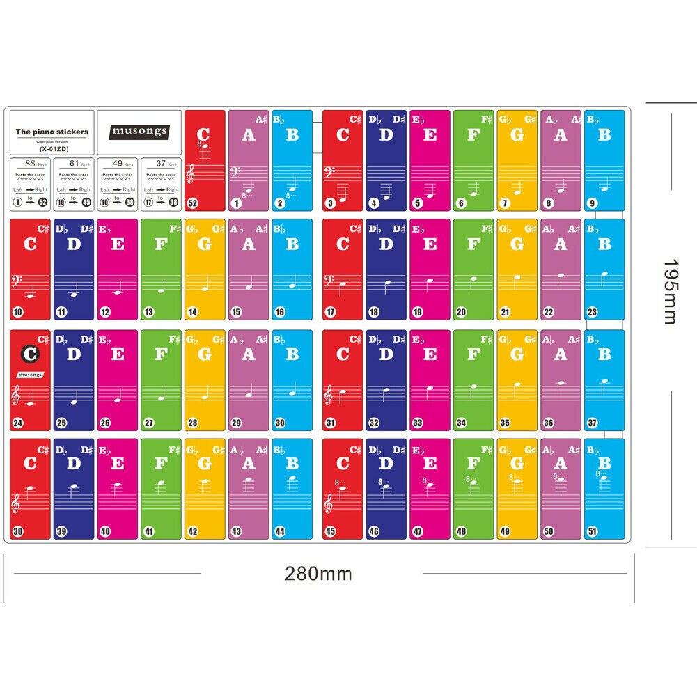 61/88 Key Piano Sticker Music Note Chart Keyboard Adhesive Finger Practice Stickers: D