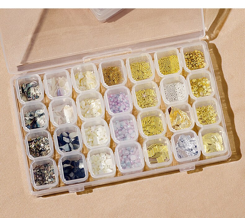 28 rutnät/uppsättning naglar glitter halv pärla nit nitar legering set för 3d pärlor diy hem nagelkonst dekoration smycken pärla leverantör