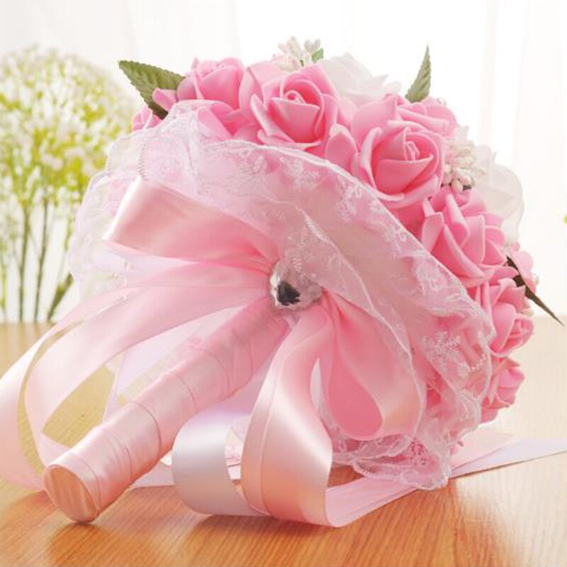 Ramo de flores artificiales de seda para dama de honor, suministros de decoración de boda romántica, con encaje, hecho a mano