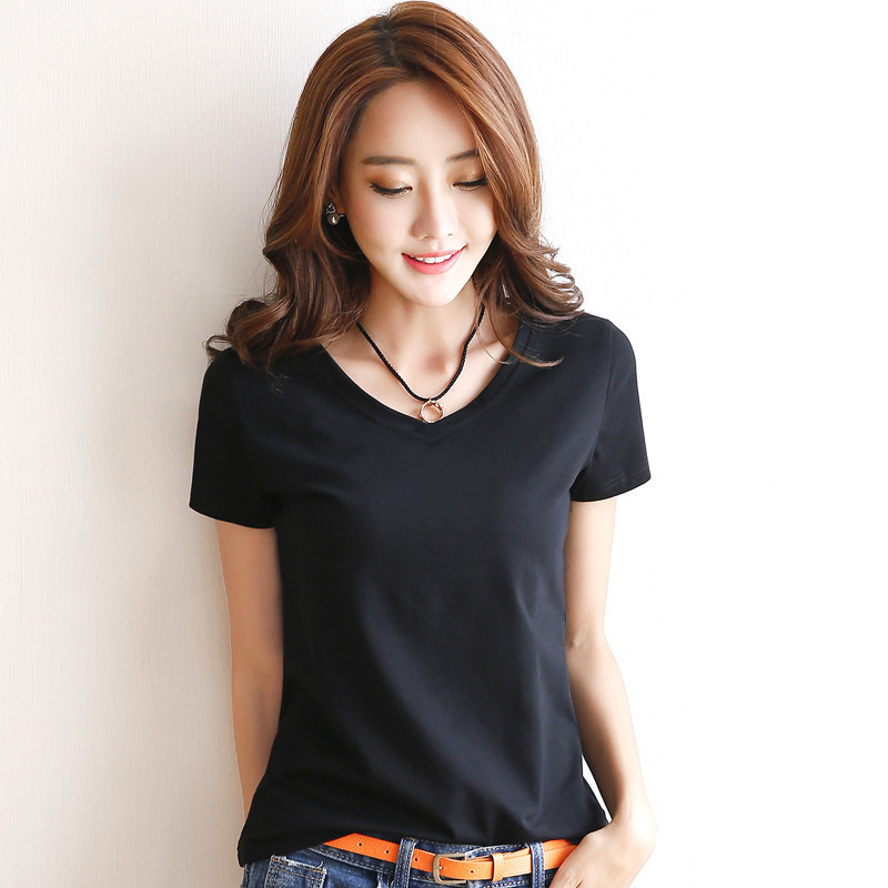 Vrouwen Wit Korte Mouw T-shirt Basic Dieptepunt Shirt Sping Zomer Solid Black Tees Slim Vrouwen Kleding Goedkope: M / BK