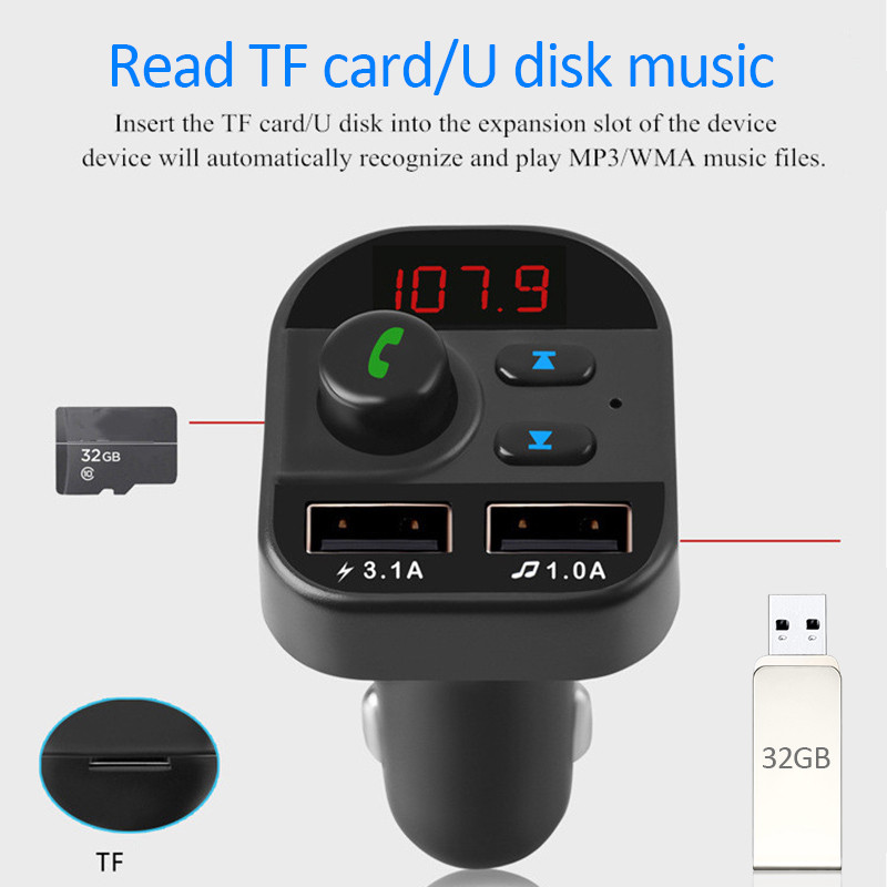 Auto Car Cigarette Lighter Car Handsfree Wireless Bluetooth 5.1 Kit FM Transmitter MP3 Player USB Charger Adapter