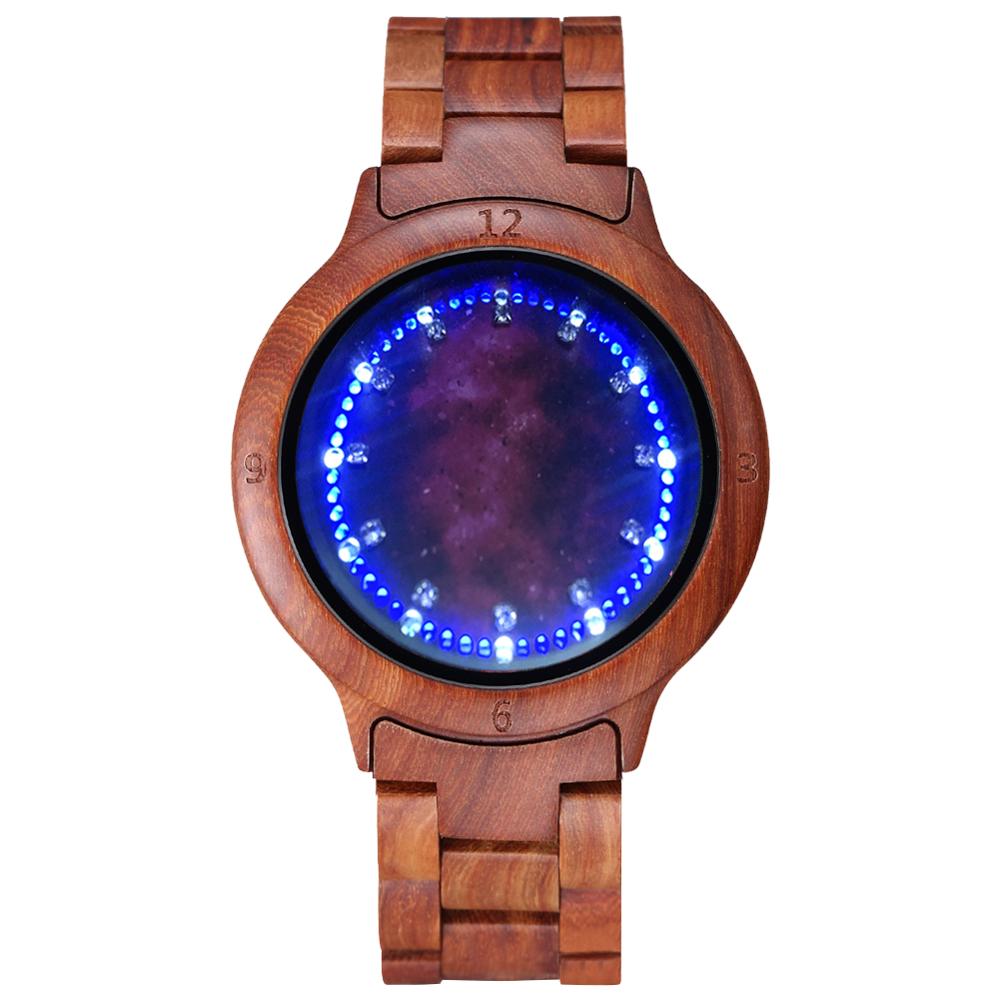 LED Display Revolving Light Touch Screen Electronic Men's Watch Night Vision Full Wooden Band Wristwatch Relojes Hombre: red wood