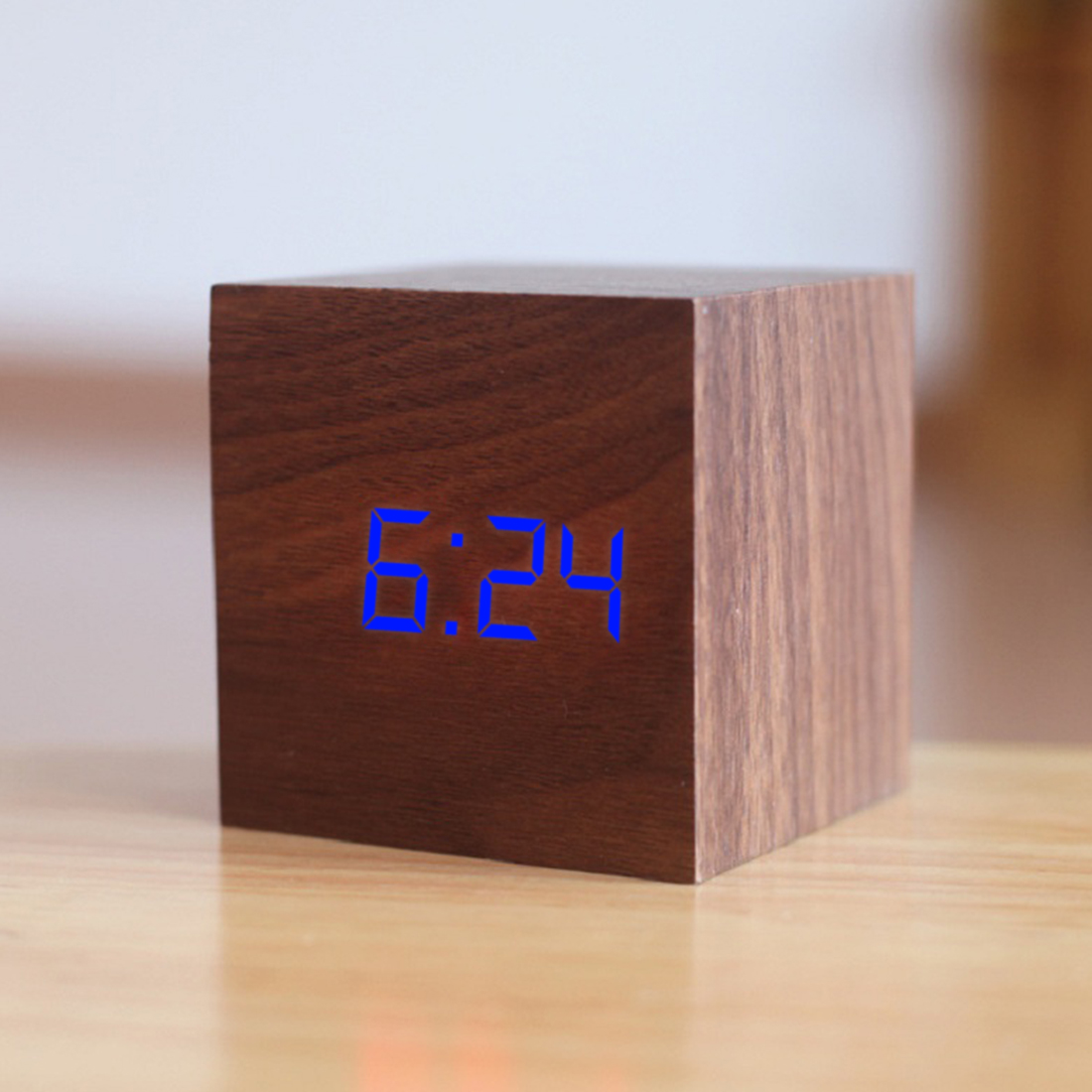 Qualified Digital Wooden LED Alarm Clock Wood Retro Glow Clock Desktop Table Decor Voice Control Snooze Function Desk: L