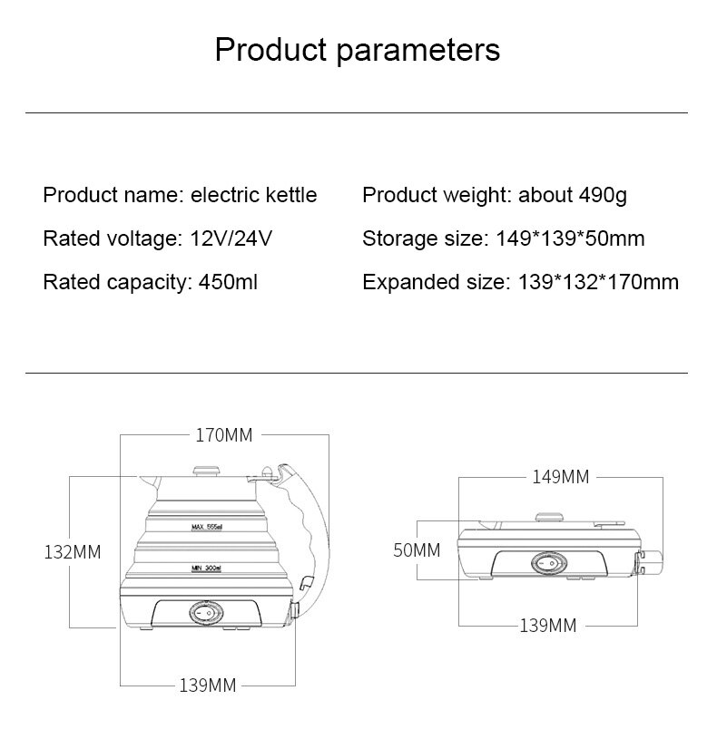 DMWD 12V/24V przenośny składany czajnik elektryczny 450ml jedzenie stopień silikonowy podróż samochodem składany czajnik sucha ochrona