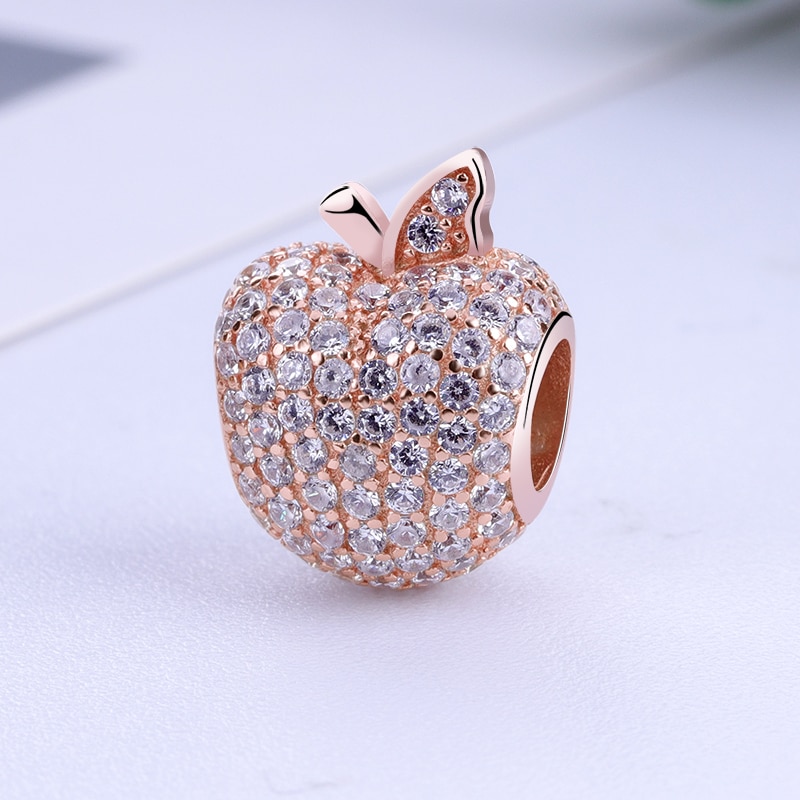 925 Sterling Silver Rose Gold Color & Clear CZ Apple Bead Pendant Charms Fit Bracelets & Bangles DIY Jewelry