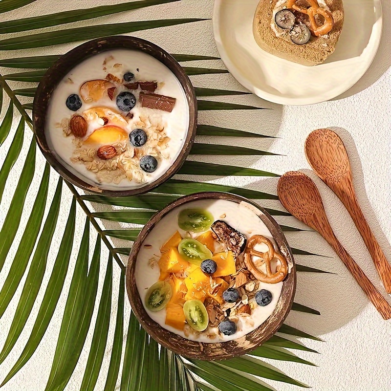 1/2/4 juegos de cuencos de cáscara de coco con cucharas, contenedor de postre de arroz, fruta, yogur, ensalada, vajilla de madera para el hogar y la cocina