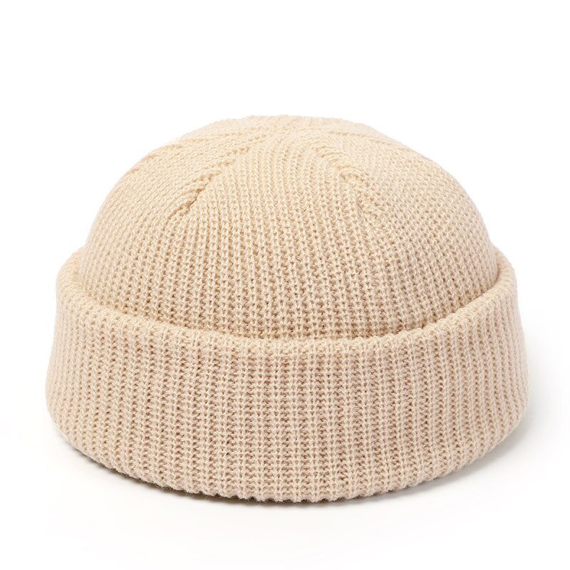Strikhuer kalot mænd hue hue vinter retro uden skygge baggy melon kasket manchet docker fisherman hue hatte til kvinder mænd: Beige