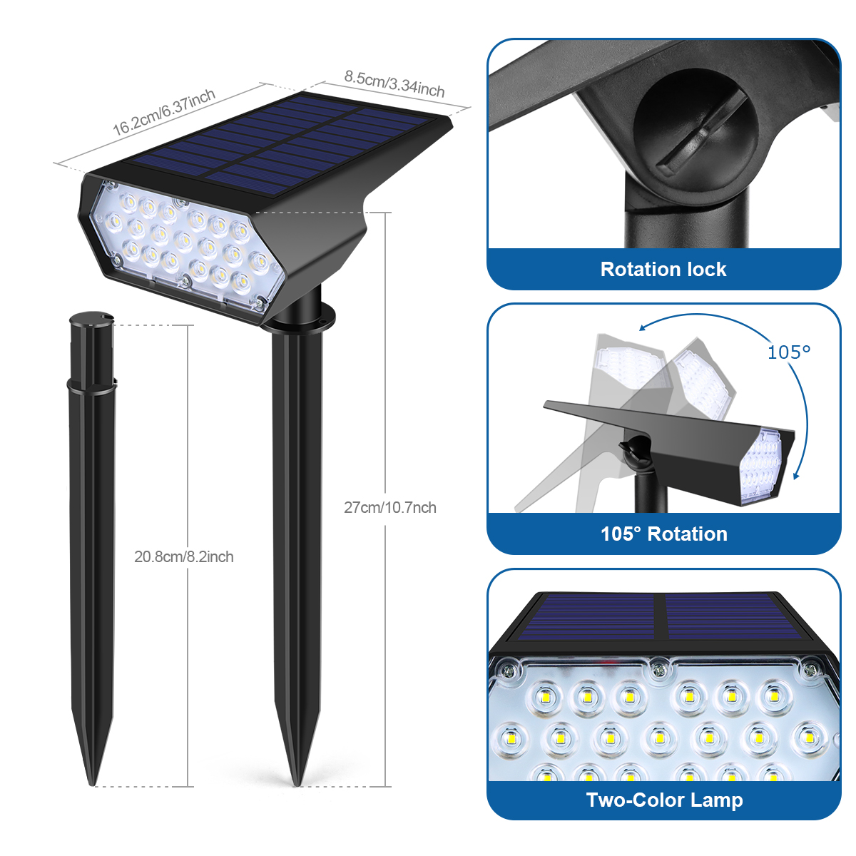 Monokristallijn silicium LED-spot op zonne-energie Ingebouwde batterij met grote capaciteit Schijnwerper Wandlamp voor buitenpad Tuintuin