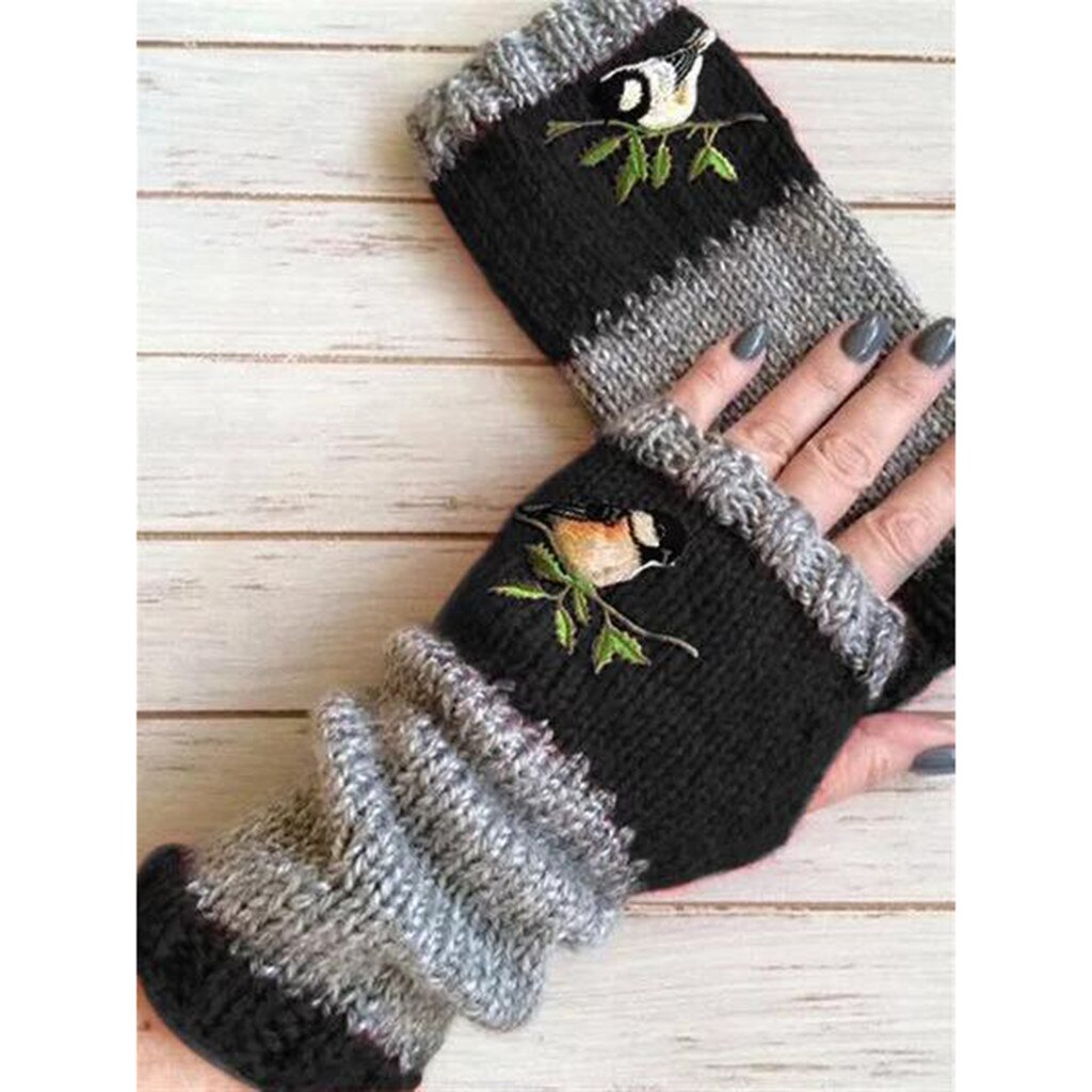Guantes de punto con bordado de pájaros para mujer, guantes de punto sin dedos y de terciopelo con empalme de bloque de Color, guantes para mujer, guantes de Rekawiczki Damskie