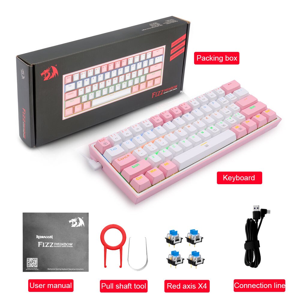 REDRAGON-miniteclado mecánico Fizz K617 para videojuegos, teclado con cable desmontable, 61 teclas, color azul, arcoíris, USB, portátil, para viaje