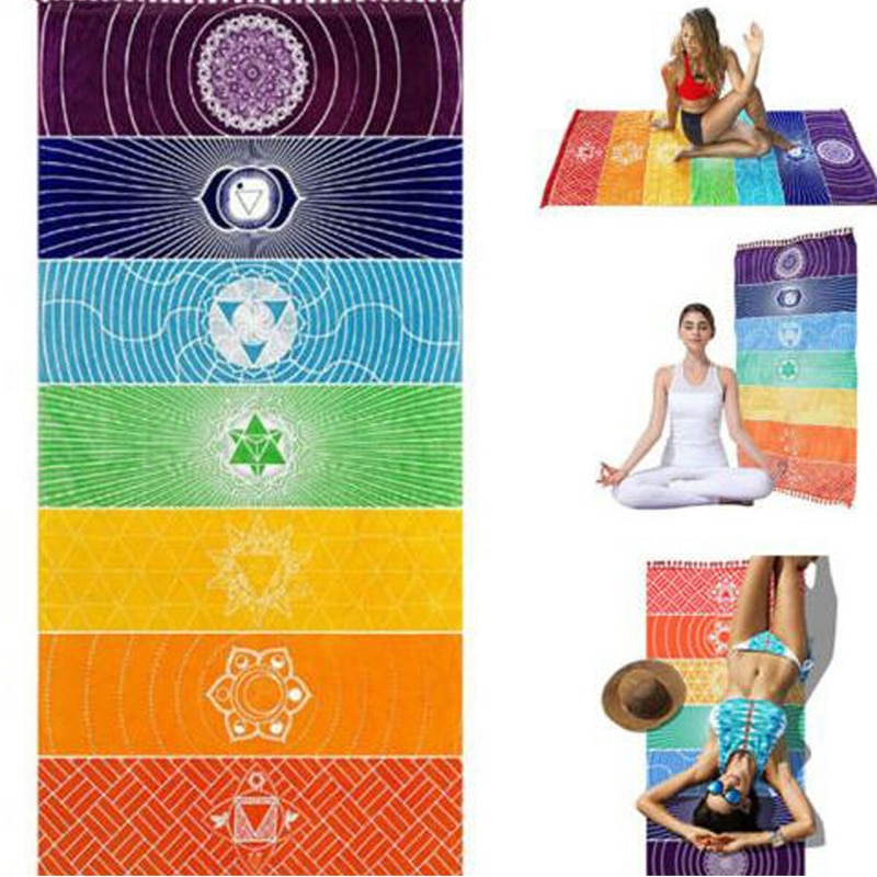 Polyester bohemia vägghängande indien mandala filt 7 chakra färgade gobeläng regnbågsränder resa sommar strand yogamatta