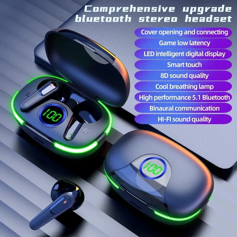PRO80 Stéréo Bluetooth Casque TWS5.1 Intelligent Tactile LED Numérique Affichage Cool Souffle Lumière Jeu