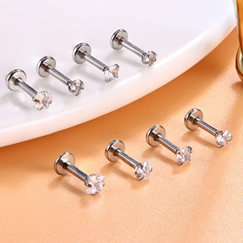 4PCS Heart Crystal Tragus Piercing Earring Set Flat Labret Piercing Set Lip Ring Lot Conch Cartilage Stud Helix Lobe Earring Set