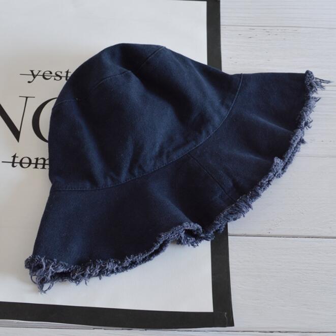 Kvinder bøttehat ensfarvet sort gul fiskerkasket bomuld lurvet forårssommersolhat bred skygge strandhat: Mørkeblå