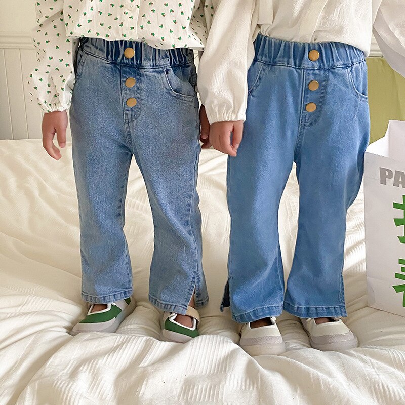 Pantalones vaqueros con botones decorados para niña, pantalón informal, acampanado que combina con todo, para primavera y otoño