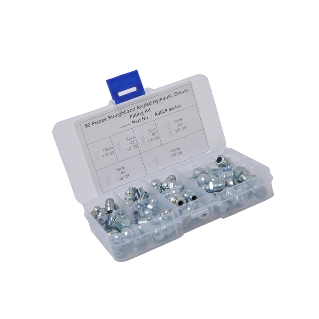 50 Pieces Hydraulic Grease Zerk Fitting SAE Kit 1/4'' 1/8'' Straight 90 Degree/45 Degree