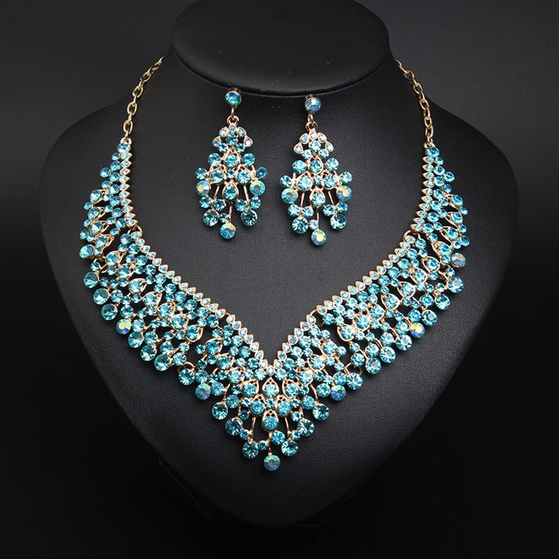 Red Rhinestone Earrings Necklace Set Jewelry Sets Women Gold Color Choker Bridal Wedding Party Costume Accessories: Blue