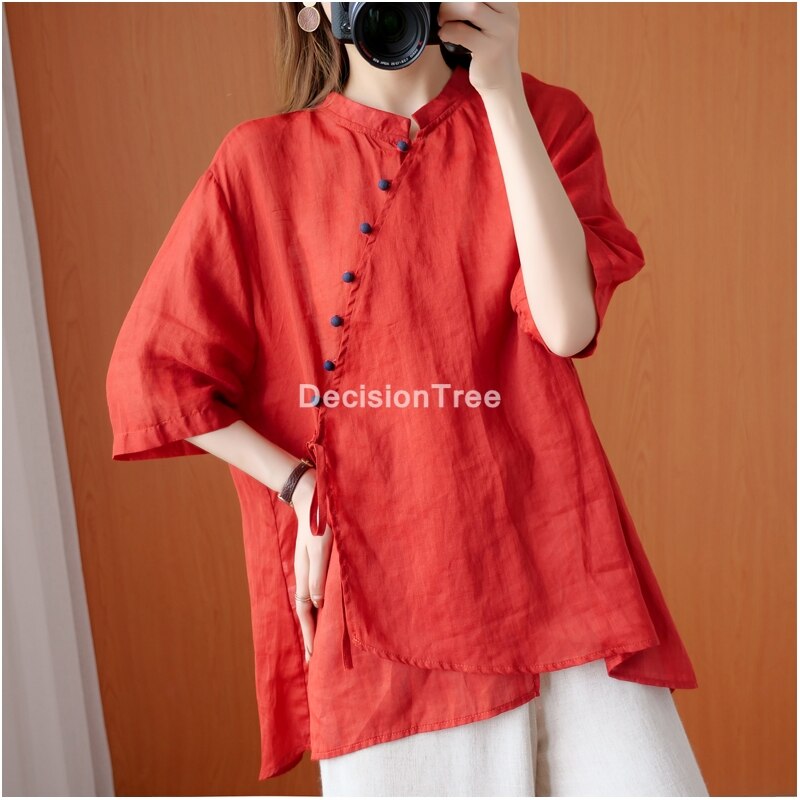 2022 Vrouwen Hanfu Tops Chinese Katoen Linnen Qipao Shirt Chinese Stijl Traditionele Vrouwen Rode Tang Pak Losse Hanfu Blouse: L