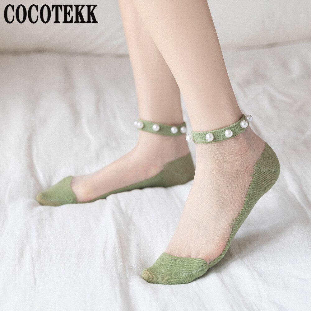 Calcetines modernos de verano para mujer, medias de malla fina, transparente, suave y fresca, con perlas brillantes