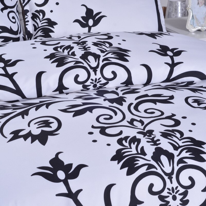 Kort hvid sort blomstertryk sengetøjssæt dronning 3 stk 228 x 228cm sengelinned dynebetræk med pudebetræk (uden ark uden fyld)