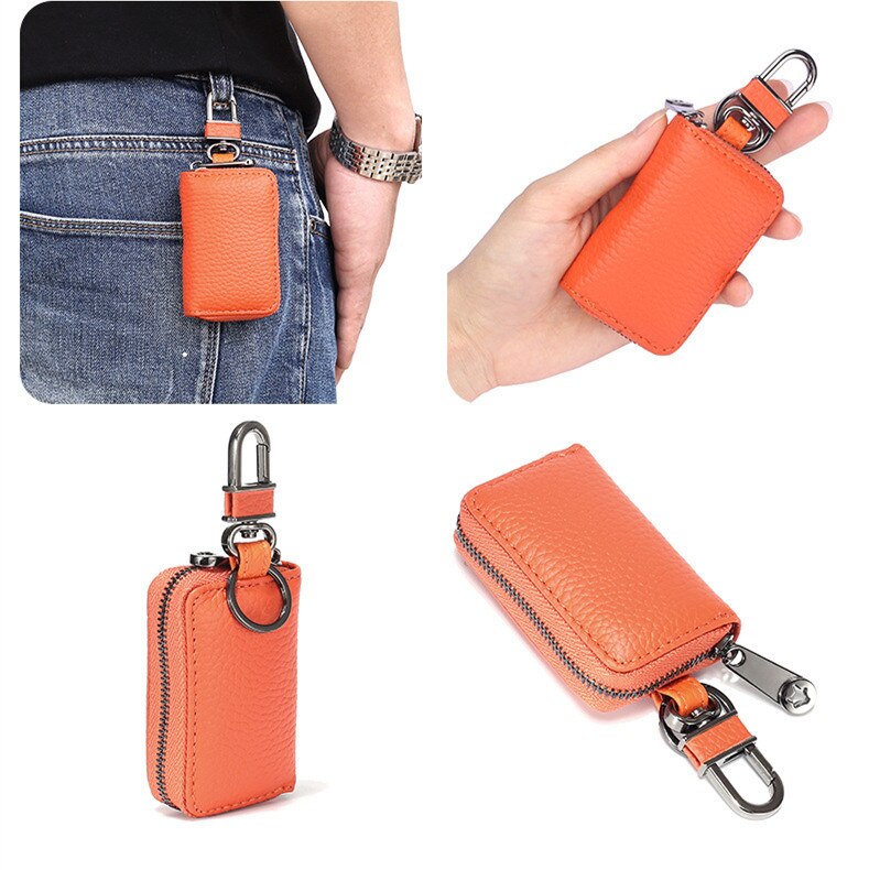 Bolso pequeño para llaves para hombre y mujer, Cartera de cuero auténtico, organizador de llaves, cartera de la llave del coche: Orange