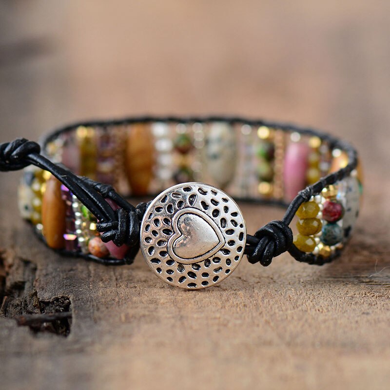 Vrouwen Boho Armbanden Gemengde Halfedelsteen Kralen Single Lederen Wrap Manchet Armbanden