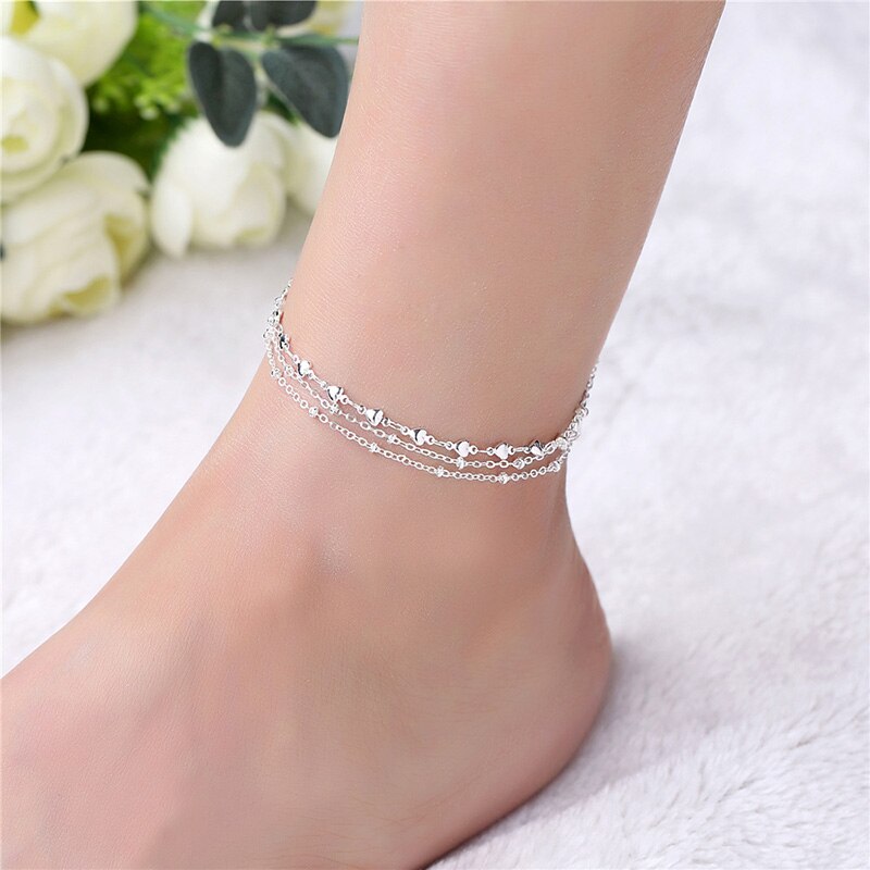 925 Sterling Silver Charm Anklets For Women Heart Barefoot Leg Chain Ankle Foot Bracelet Girls Lady Summer Jewelry NB138