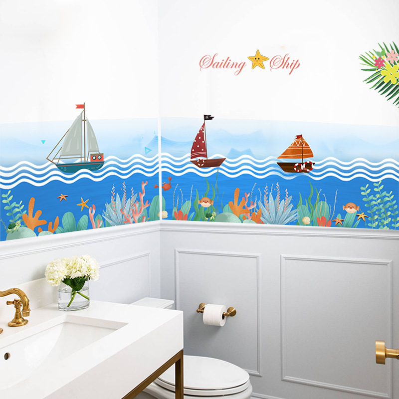 Cartoon Fun Ocean Zeilboot Plint Muurstickers Diy Kinderkamer Badkamer Aquarium Decoratie Zelfklevende Muurstickers