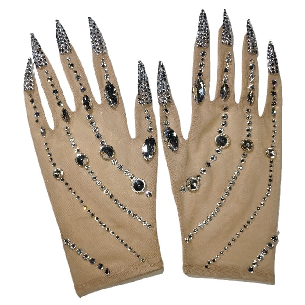 Luxurious Rhinestone Pearls Gloves Women Sparkly Crystal short Gloves Dancer Singer Nightclub Stage Performance Show Accessories: as photo