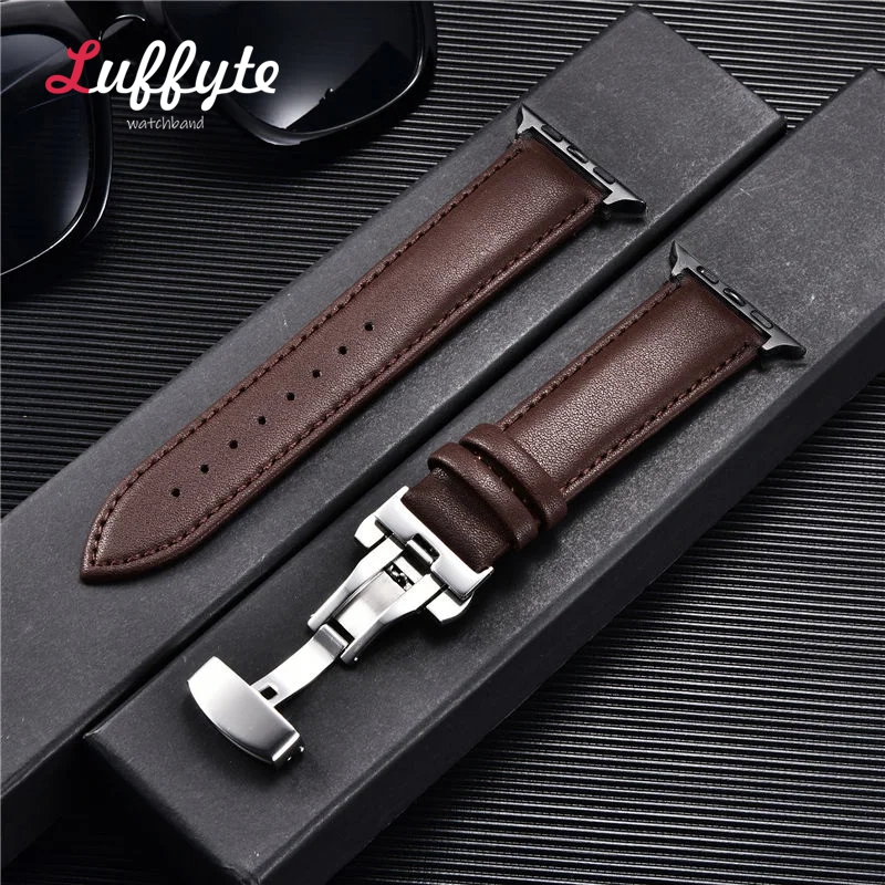 Bracelet de montre en cuir pour Apple Watch Ultra 9 8 7 6 5 4 3 avec fermoir papillon pour Iwatch 38mm 40mm 41mm 42mm 44mm 45mm 49mm bracelets: Noir gris / 14mm