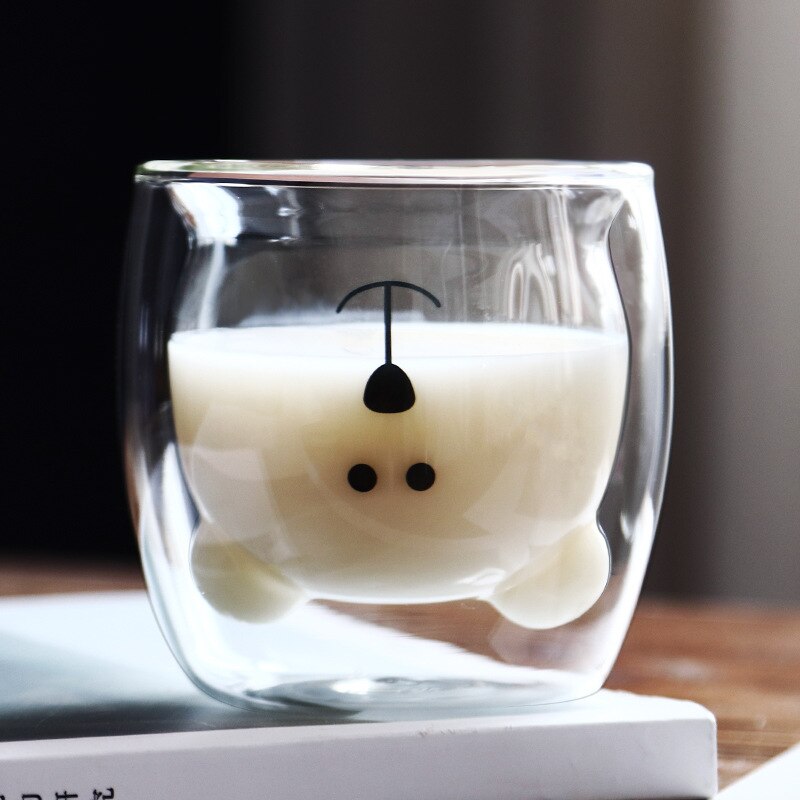 Söt björn dubbelskikt kaffemugg dubbel glas kopp kartong djur mjölk glas dam söt jul: D transparent färg